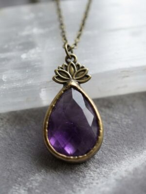 Brass Lotus & Amethyst Teardrop Necklace