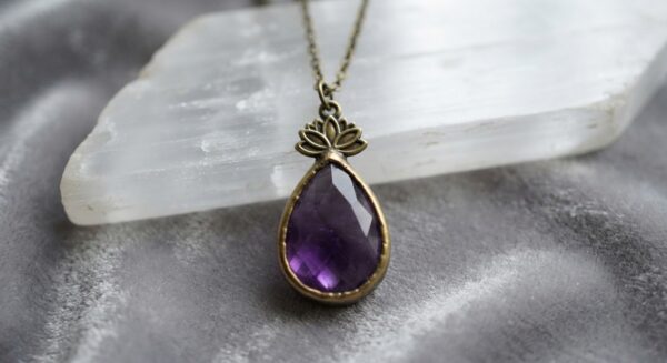 Brass Lotus & Amethyst Teardrop Necklace