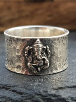 Hammered Silver Ganesha Wide Band