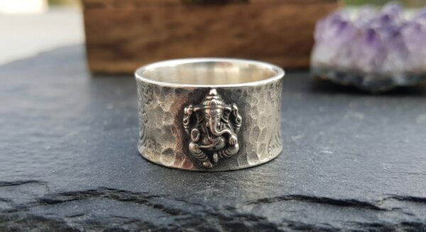 Hammered Silver Ganesha Wide Band