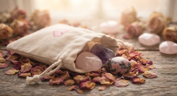Love & Compassion Pouch Set (Rose Quartz, Amethyst, Rhodonite)